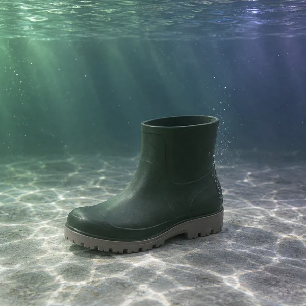 A dark-green rubber ankle boot with a grey treaded sole rests on a pale tank floor underwater, toe pointing left.