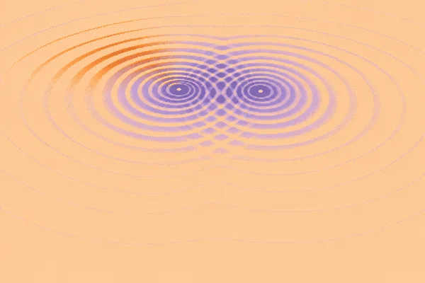 A pixel-stepped abstract wave pattern in violet and lilac forms two concentric centers joined by a dense interference band across a pale apricot field, with…