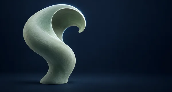 A pale celadon sculptural form rises from a compressed base into a broad curl, with a softly shaded hollow and a bright rim against a deep midnight-blue…