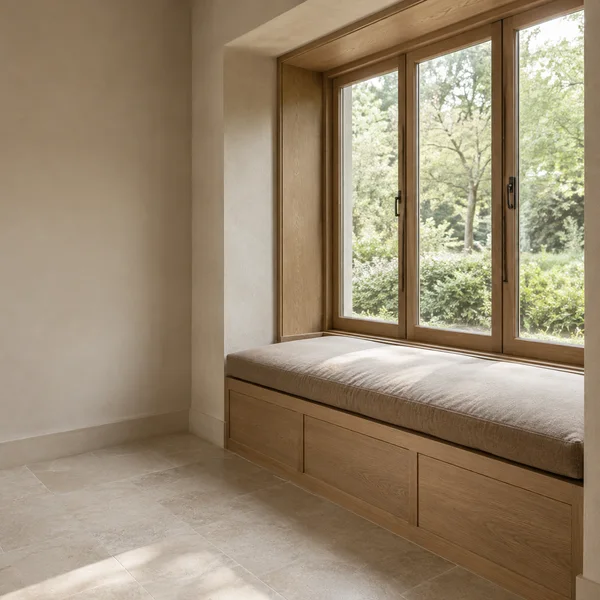 A built-in oak window seat with a light taupe upholstered cushion sits beneath a large wood-framed window overlooking softly blurred greenery.