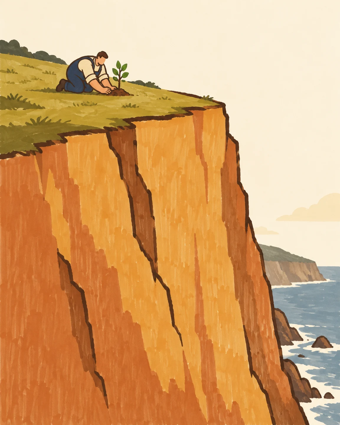 A kneeling farmer in indigo overalls presses soil around a small green sapling on the grassy top of a towering ochre coastal cliff, with pale sky, distant…