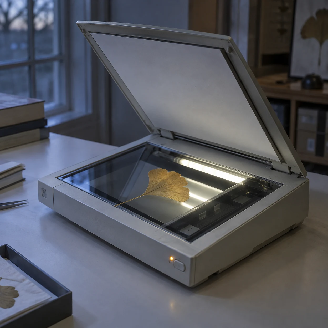 An open pale-grey flatbed scanner sits diagonally on a table, with an ochre ginkgo leaf on its glass and a bright scanning light beneath it.