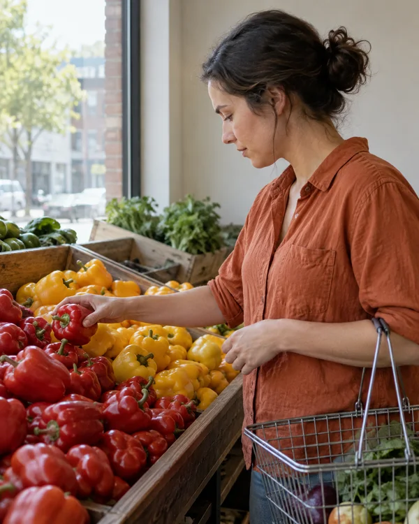 A shopper in a faded burnt-orange shirt examines a red bell pepper at a wooden produce display, with yellow peppers in the foreground and a wire basket at…