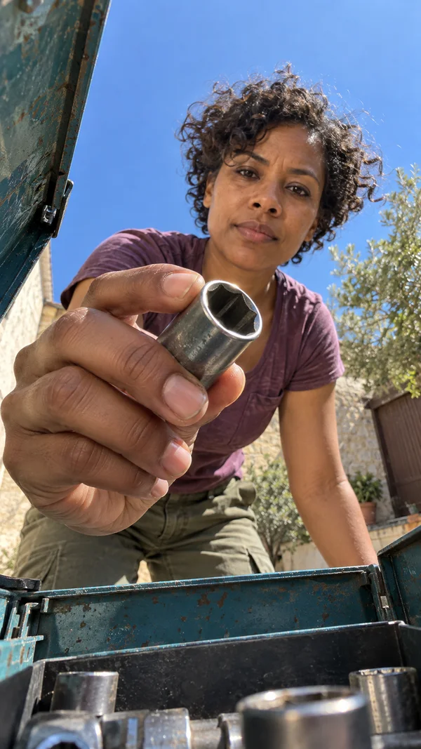 A woman in a plum shirt and olive work trousers leans over an open, weathered teal toolbox, holding a steel socket close to the camera in a sunny courtyard.
