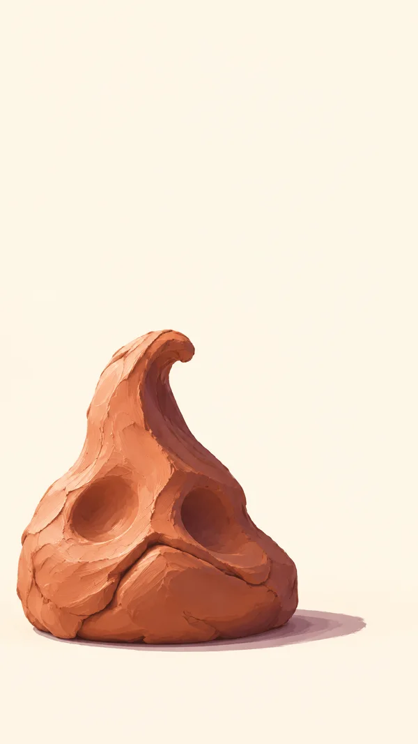 A sculpted terracotta-colored clay form with a broad squat base, a tall inward-curling peak, two deep depressions and a folded ridge sits on a warm cream…