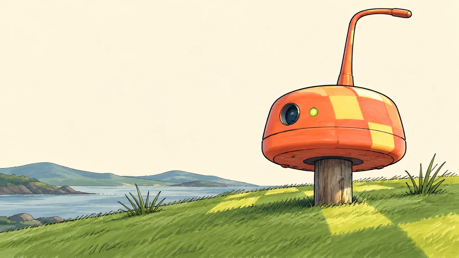 A large coral-orange field sensor with a dark circular aperture, lime indicator, and tall bent antenna stands on a weathered wooden stake in a grassy coastal…