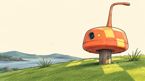 A large coral-orange field sensor with a dark circular aperture, lime indicator, and tall bent antenna stands on a weathered wooden stake in a grassy coastal…