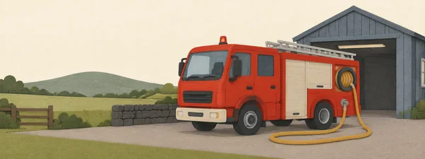A red fire engine with cream equipment panels, dark wheels and a roof ladder is parked outside a slate-blue fire shed.