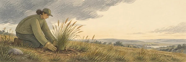 A kneeling worker in a cap presses soil around a large tuft of grass in a meadow, with rolling hills and a cloudy cream-colored sky behind them.