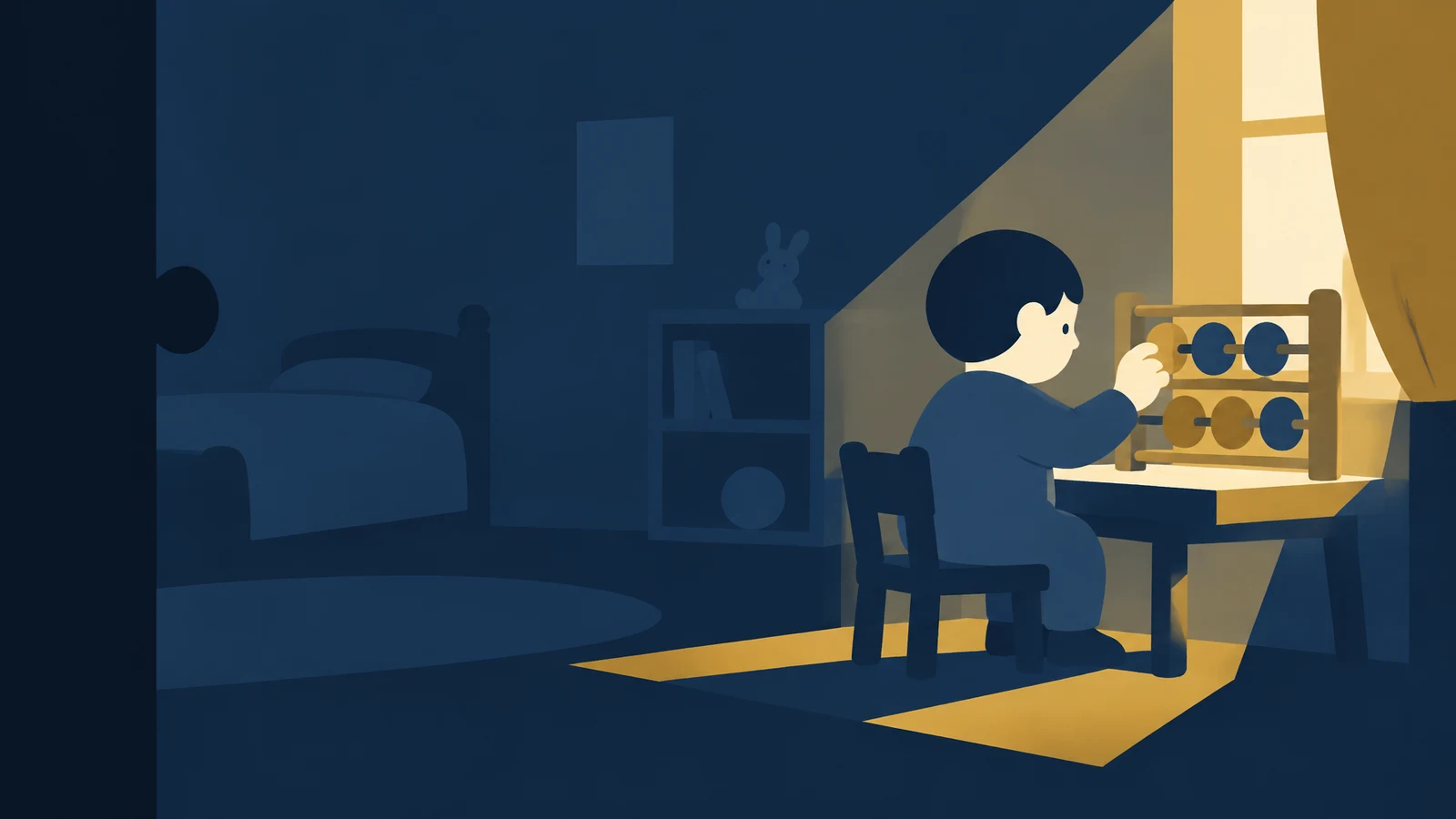 A child sits at a desk beside a bright window, touching the beads of a wooden abacus in a dim blue room with a bed, shelving and a toy rabbit.