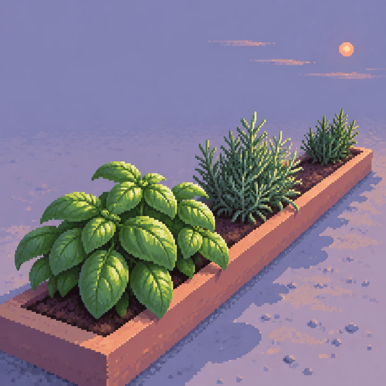 A long terracotta-edged raised bed runs diagonally across a lavender garden ground, with broad basil leaves in the foreground and two spiky rosemary clumps…