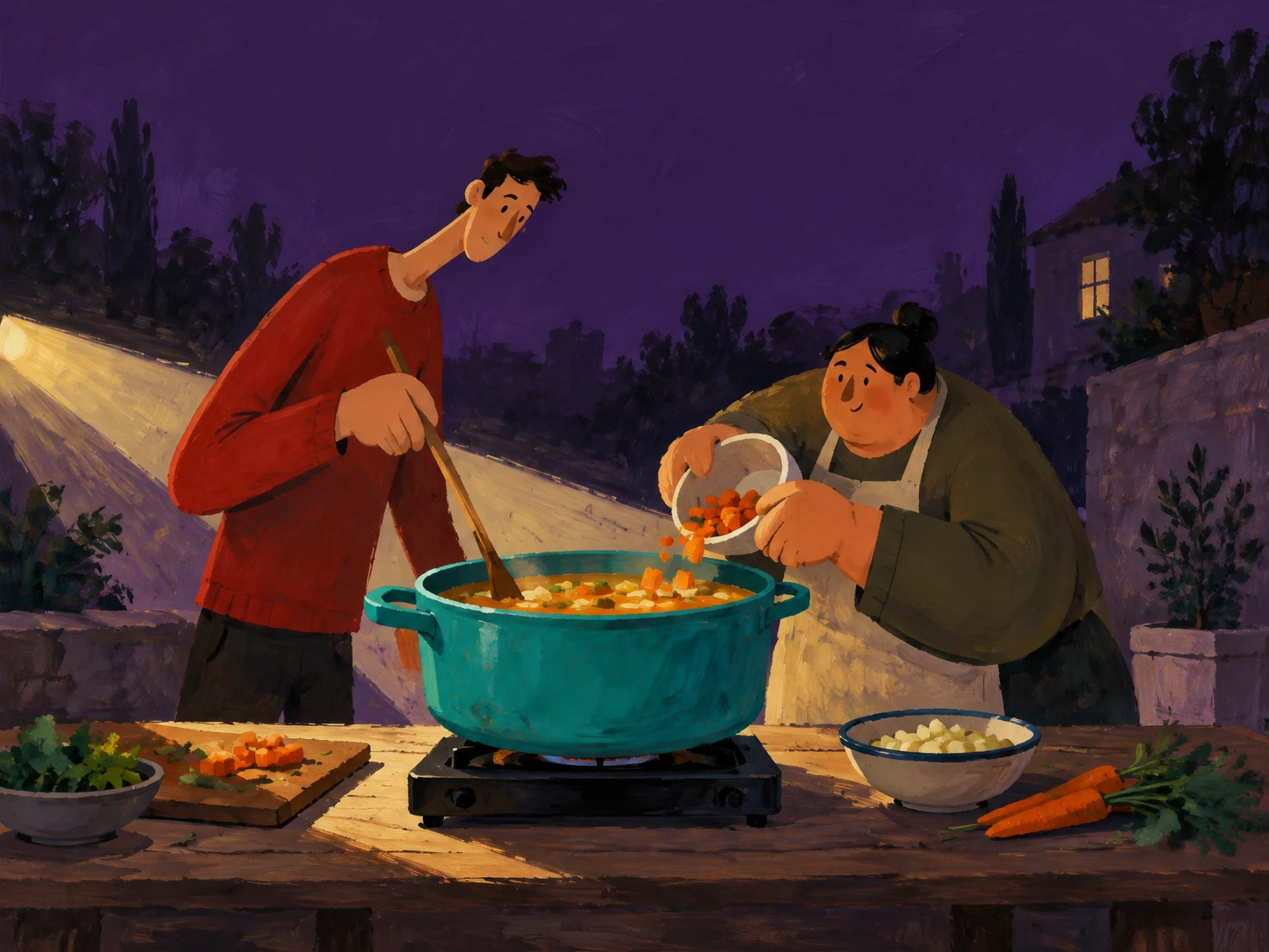 Two neighbors prepare soup at a wooden courtyard table at night: a lanky figure in red stirs a wide turquoise pot while a squat figure adds orange vegetable…