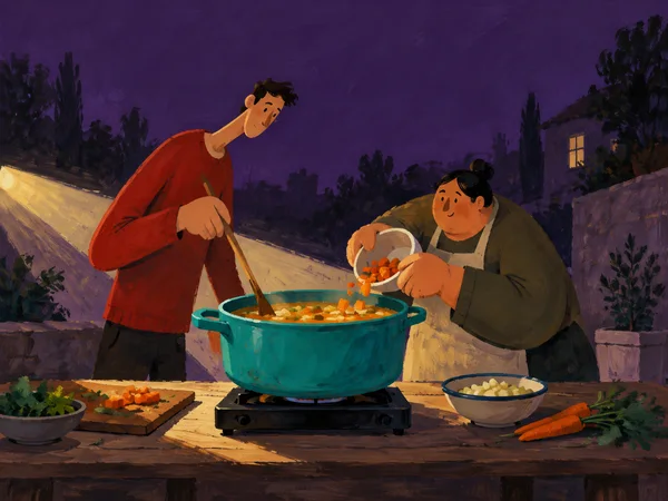 Two neighbors prepare soup at a wooden courtyard table at night: a lanky figure in red stirs a wide turquoise pot while a squat figure adds orange vegetable…