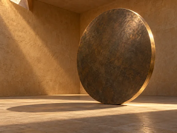 A large dark-patinated bronze disc stands in a sunlit ochre plaster chamber, its narrow edge catching a bright golden highlight and its shadow stretching…