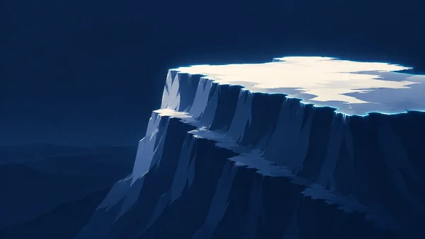 A broad ivory snow-covered plateau fills the right side of a deep blue scene, with cyan light tracing its rim and angular indigo cliffs descending in stepped…