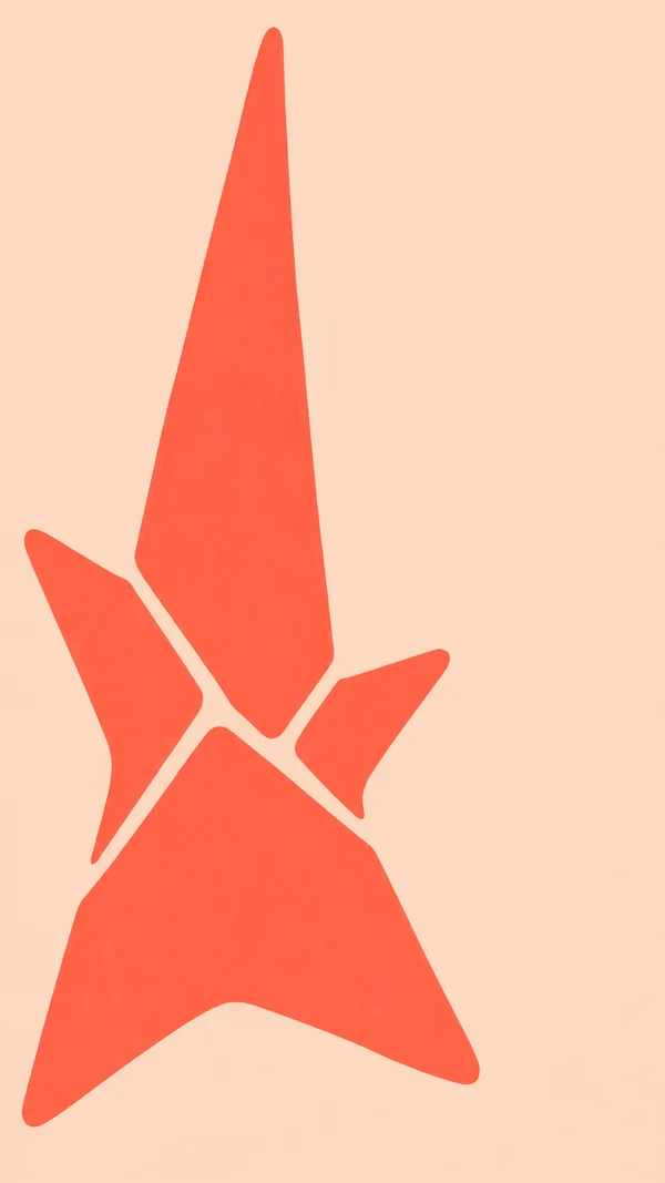 A large coral abstract starburst is divided into four separated fragments by pale-peach gaps on a vertical peach background, with one long upward point, two…