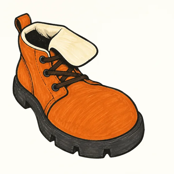 A hand-drawn orange lace-up boot with a broad rounded toe, thick dark sole and oversized cream tongue, angled across a warm-white background with open space at…