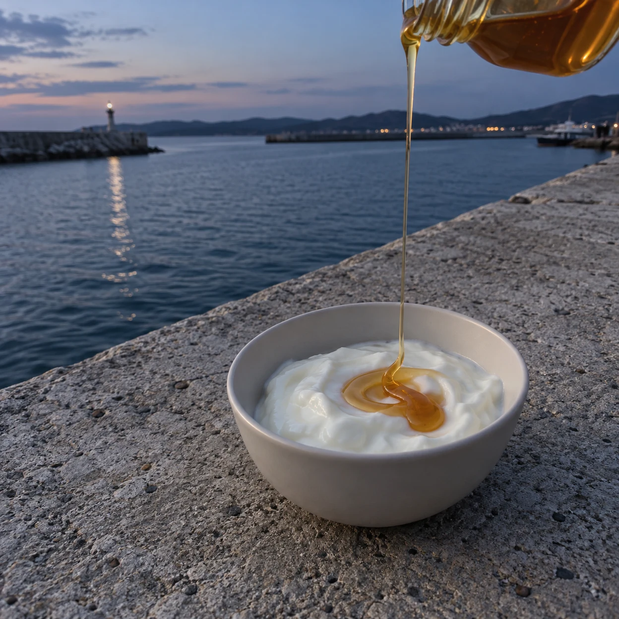 A white bowl of yogurt sits on a rough concrete harbour parapet as amber honey pours from a clear jar cropped at the upper right.