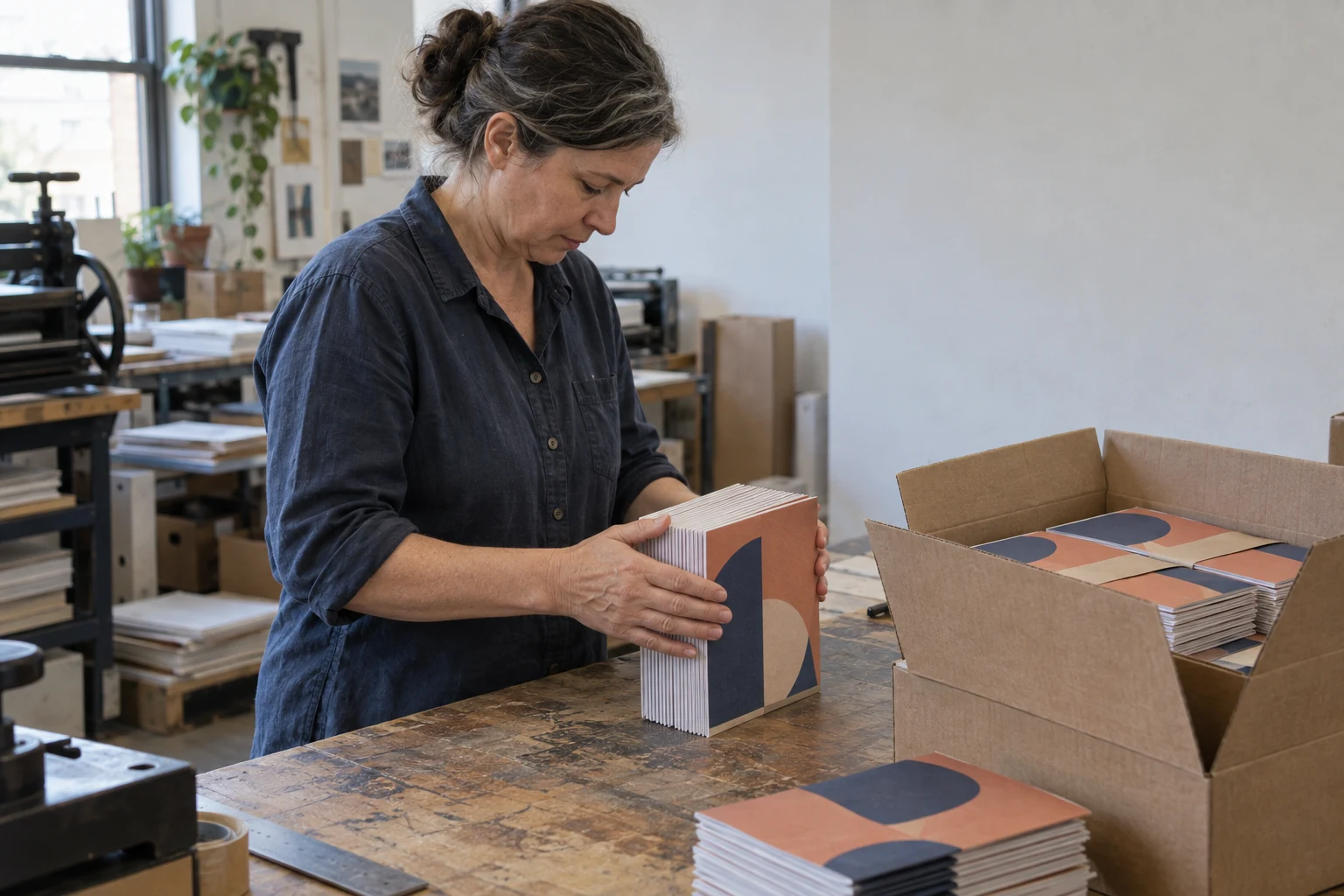 A woman in a dark work shirt squares a thick stack of geometric-covered booklets at a worn wooden bench, beside an open carton of matching booklets in a print…