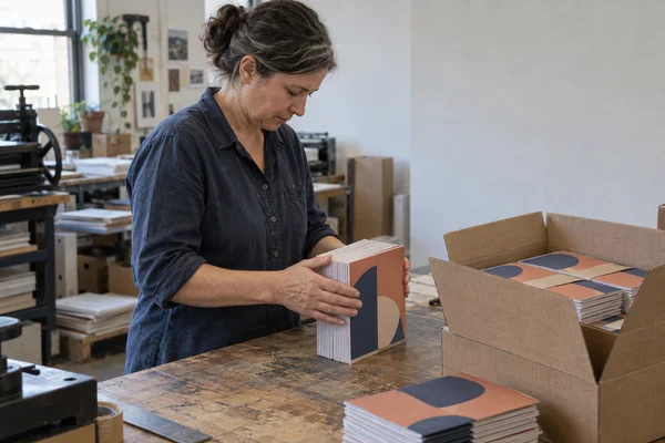 A woman in a dark work shirt squares a thick stack of geometric-covered booklets at a worn wooden bench, beside an open carton of matching booklets in a print…