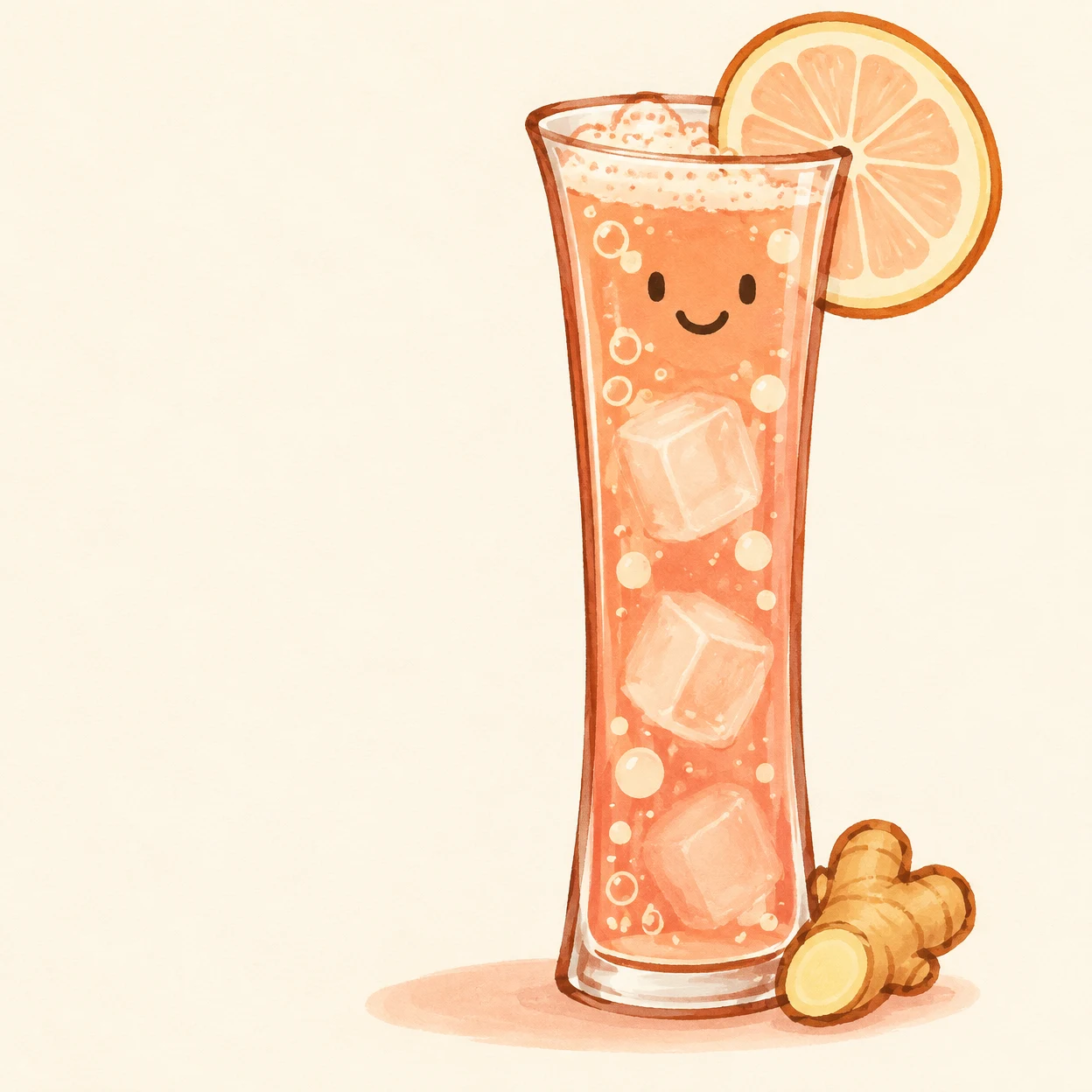 A smiling peach-coloured fizzy drink with three ice cubes in a tall, narrow glass, garnished with a large citrus wheel and accompanied by a ginger root on a…