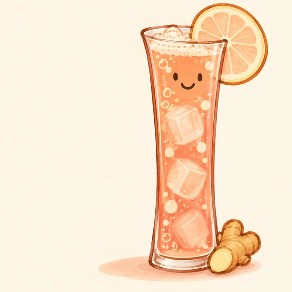 A smiling peach-coloured fizzy drink with three ice cubes in a tall, narrow glass, garnished with a large citrus wheel and accompanied by a ginger root on a…