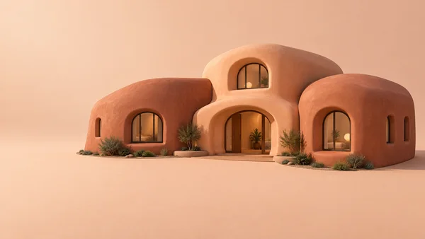 A softly rounded terracotta home combines three connected residential wings around a broad arched entrance, with arched windows, small planted beds, and open…