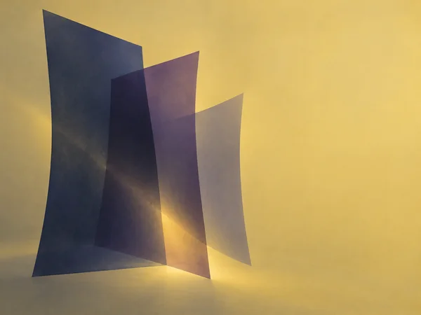 Three overlapping translucent indigo and violet quadrilateral planes stand against a muted yellow field, with a warm glow passing through their lower gaps and…
