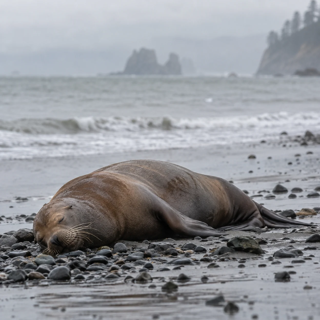 A damp brown sea lion rests with its eyes closed on a dark, wet pebble beach, with a grey sea and misty coastal rocks behind it.