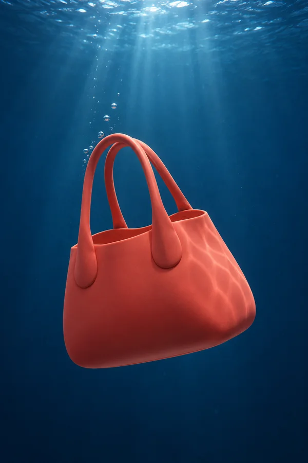 A coral-red handbag with two tall loop handles hangs underwater against deep blue water, with a trail of small bubbles beside it and bright light filtering…