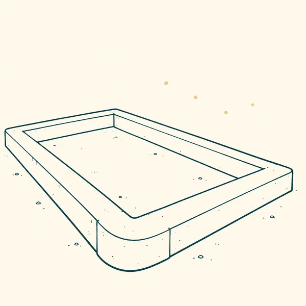 A dark teal hand-drawn outline of a low rectangular concrete perimeter foundation, shown from above at an angle on a warm ivory background.