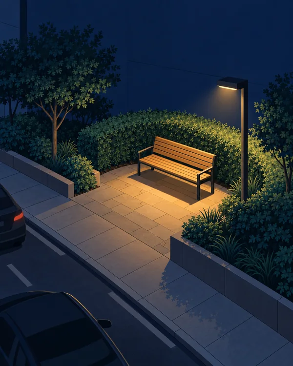 A honey-coloured timber bench sits on paved ground in a planted pocket garden at night, lit by a rectangular streetlamp.
