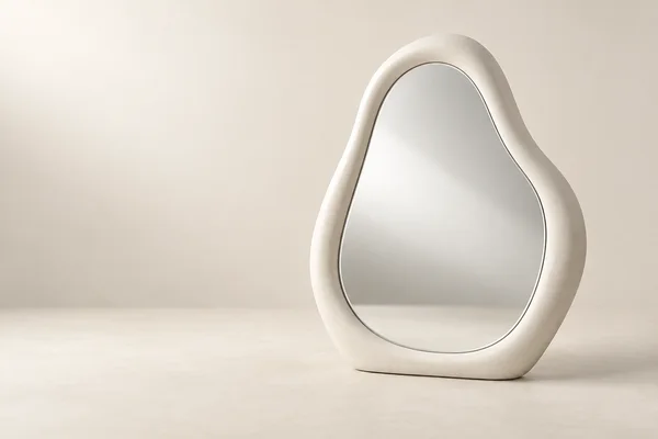 A freestanding vanity mirror with a thick ivory organic frame and irregular pebble-shaped glass stands on a pale surface, right of center against a softly lit…