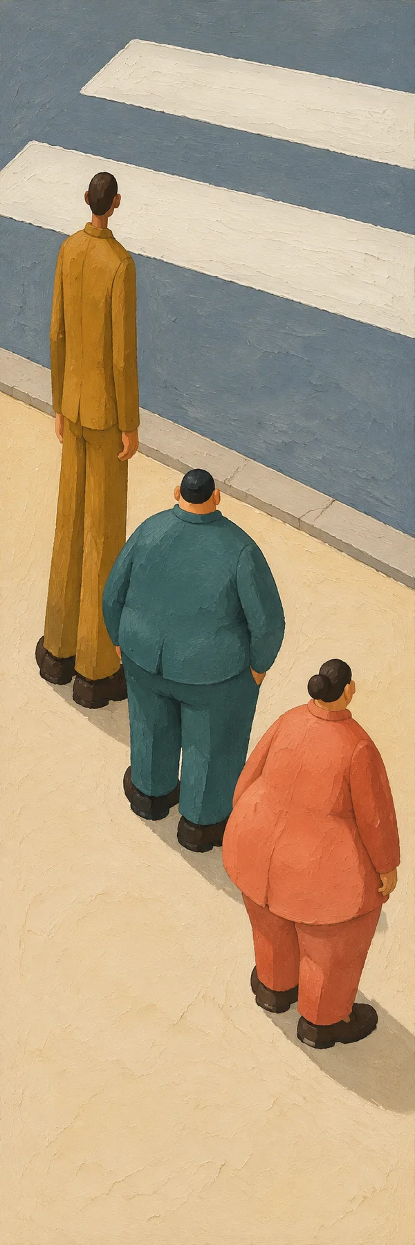 Three people in ochre, teal, and coral clothing stand in a diagonal queue on a cream sidewalk, viewed from behind, facing two broad white crossing stripes on a…