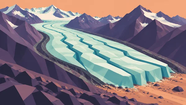 A broad pale-mint and teal glacier winds through angular deep-violet mountains toward a blunt, blocky ice terminus on apricot gravel, beneath a warm peach sky.