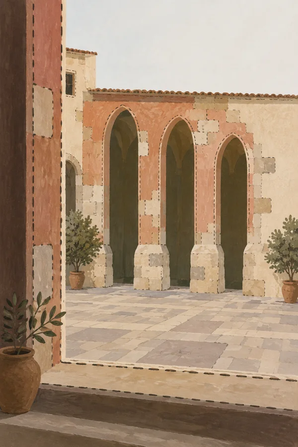 A hand-drawn illustration looks through a terracotta window frame and broad sill onto a paved courtyard with three tall dark arches, patched masonry, and…