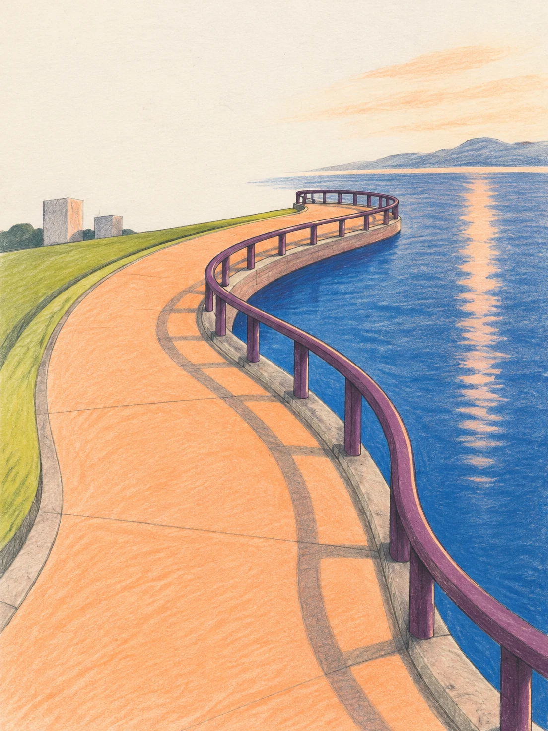 A broad apricot waterfront path curves beside cobalt-blue water, bordered by a plum railing and a narrow green verge; two blocklike buildings sit on the…