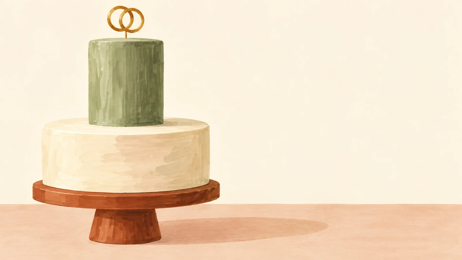 A two-tier cream and sage-green wedding cake sits on a terracotta-brown wooden cake stand against a warm ivory background, with two interlocking gold rings on…