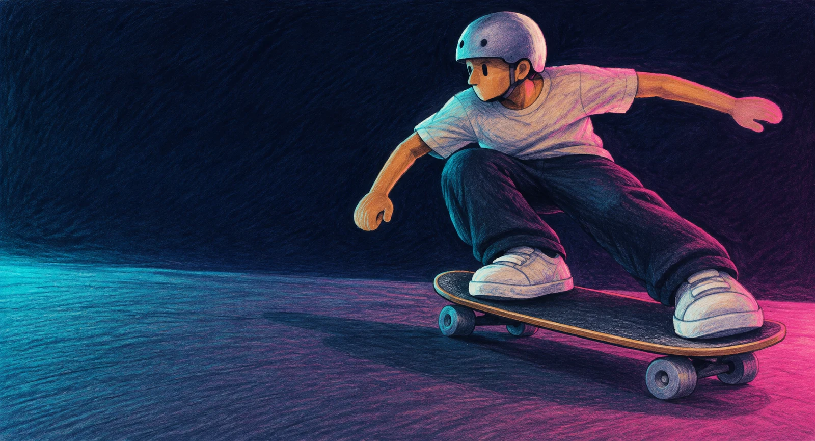 A helmeted skateboarder crouches low while carving across a dark indigo pavement, with turquoise light from the left and hot pink light from the right; the…