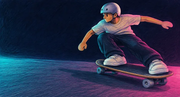 A helmeted skateboarder crouches low while carving across a dark indigo pavement, with turquoise light from the left and hot pink light from the right; the…