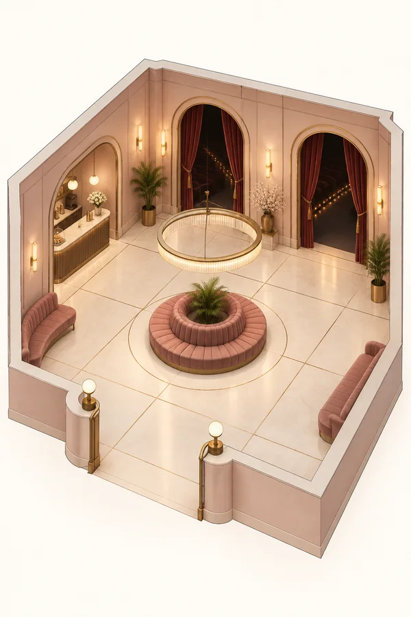 An axonometric cutaway of a blush-toned theater lobby with two arched, burgundy-curtained doorways, a recessed refreshment counter, and a circular dusty-rose…