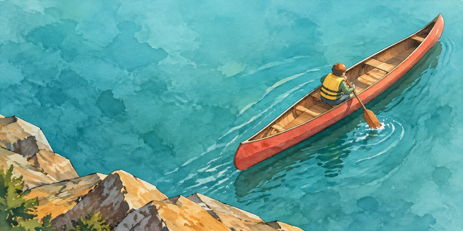 A child in a yellow life jacket paddles a long coral-red canoe diagonally across turquoise water beside an angular rocky shore, shown in a textured watercolour…