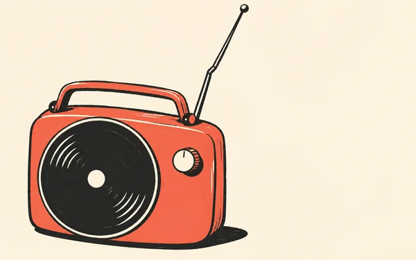 A coral portable radio with a large near-black circular speaker, cream volume knob, short carrying handle and long angled antenna sits against a warm cream…