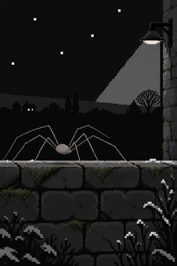 A pale gray, long-legged harvestman stands on a stone garden wall at night.