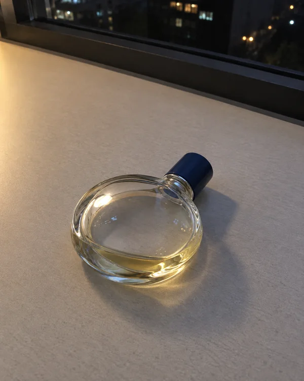 A clear, squat round perfume bottle with pale golden liquid and a dark blue cylindrical cap rests on a light grey tabletop beneath a dark window with distant…