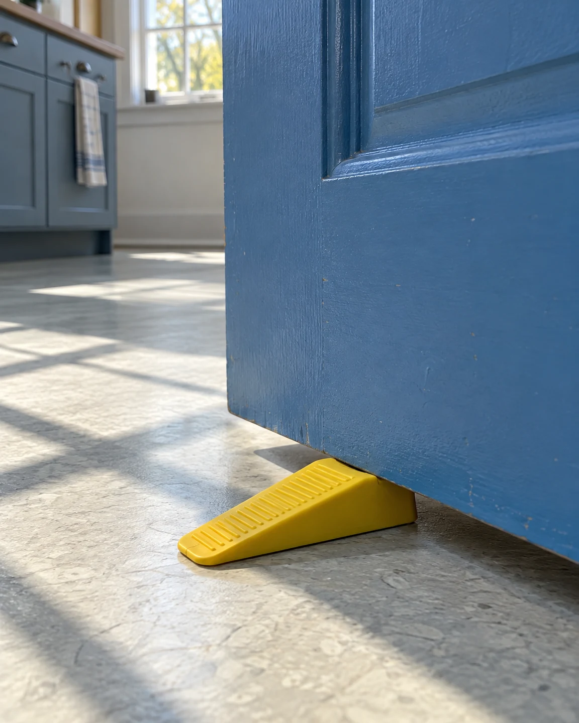 A bright yellow ribbed door wedge sits beneath a partly open blue kitchen door on a pale grey floor.