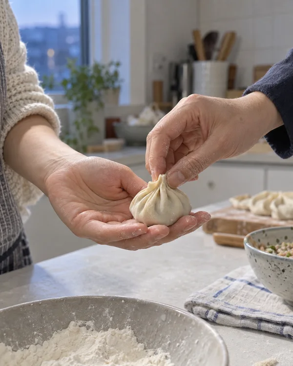 Two flour-dusted hands shape a pleated dumpling over a pale kitchen counter, with a window, bowls, a tray of dumplings and a folded towel in the background.
