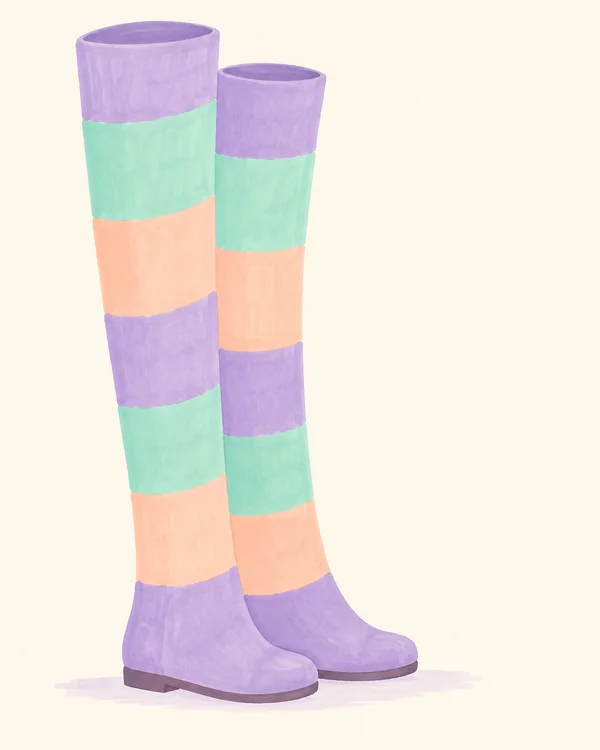 Two very tall pull-on boots stand staggered on a pale lavender ground stroke, with rounded toes, oval cuff openings and broad lavender, mint and peach bands…