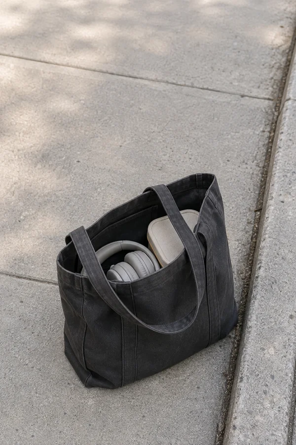 A charcoal canvas tote sits diagonally on a pale-gray sidewalk beside a curb, with gray over-ear headphones and part of an oatmeal-colored lunch container…