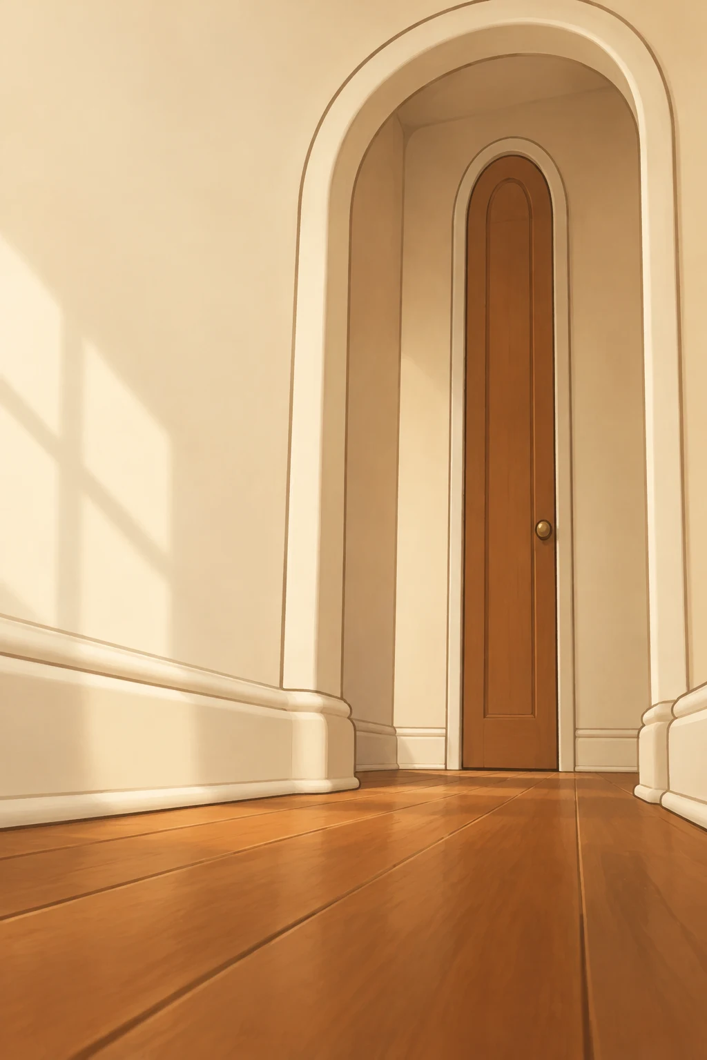 A low-angle view down an empty cream hallway toward a tall, narrow cinnamon-brown door set inside a large rounded arch.
